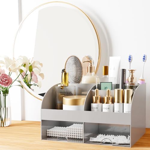 Makeup Organizer with Drawers, Cosmetic Storage for Dresser Vanity and Bathroom Countertop, Beauty Holder for Lipstick Brush, Skincare Organizer for Vanity, Cosmetic Display Case (Grey) - Image 3