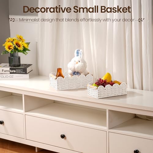 iEGrow Paper Rope Small Storage Baskets for Organizing, Set of 2 Scalloped Edge Wicker Basket with Wooden Handles Toilet Paper Basket for Over Toilet Storage Shelf, Home Decor, Living Room (White) - Image 7