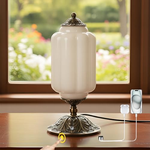 Vintage Milk Glass Table Lamp,3-WayDimmable USB-C+A,White Bedroom DeskLamps by Unknown