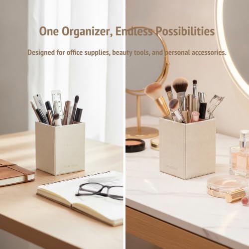 UnionBasic Square Pen Holder, Leather Pencil Cup, Desktop Caddy Stationery Organizer, Beige - Image 2