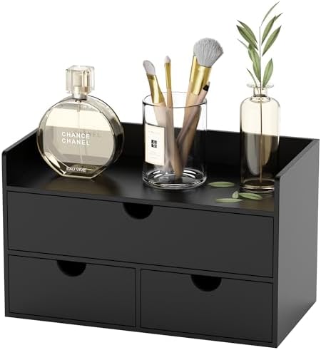 Bamboo Desk Organizer with Drawers Desktop Storage Drawers for Bills Office Supplies Kitchen Utensils Organizing Tool for Home Classroom Organization No Assembly (Black with Shelf) by WISUCART