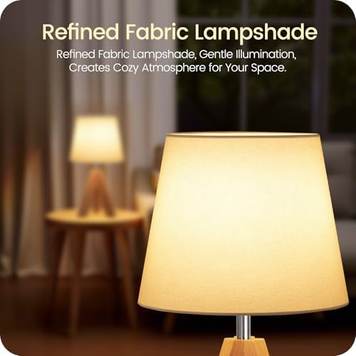 Small Tripod Table Lamp, Modern Nightstand Lamp with Fabric Shade, Boho Bedside Wood Desk Light for Bedroom, Kids Room, Living Room, Office, Study, White, W51TL05 - Image 3