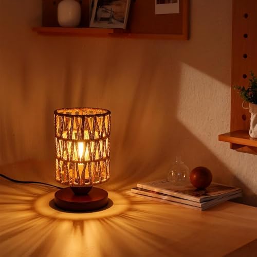 Handmade Rattan Lamp Farmhouse Table Lamp for Bedroom, Rustic Woven Lamps for Night Stands with Warm White LED Bulb, Boho-Inspired Boho Lamp for Living Room Kitchen Nook, 12cm Shade 20cm Height - Image 7