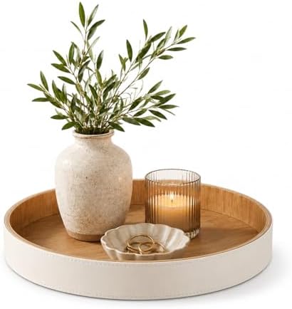 GORESE Round Coffee Table Tray, 12 in PU Leather Tray for Home Decor, Cream White & Wooden by GORESE