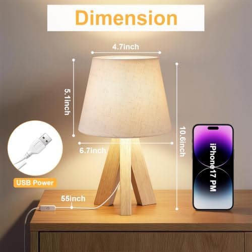 Tripod Table Lamp Small Bedside Lamp with Linen Fabric Shade, Mid Century Modern Nightstand Lamp for Bedroom Living Room Office Nursery, Wooden Legs(Cone) - Image 4