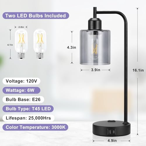 Innqoo Industrial Touch Bedroom Lamps for Bedrooms Set of 2-3-Way Dimmable Table Lamps with USB C+A Ports and Outlet, Bedside Lamps with Gray Glass Shade for Living Room, Desk Lamps for Home Office - Image 7