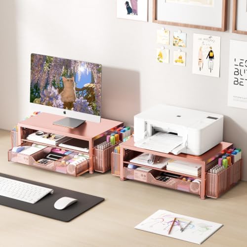 OPNICE Desk Organizers and Accessories, Computer Monitor Stand Riser with Drawer and 2 Pen Holders, Printer & Laptop Stand, Office Desk Accessories & Workspace Organizers for Home Office Supplies, Rose Gold - Image 7