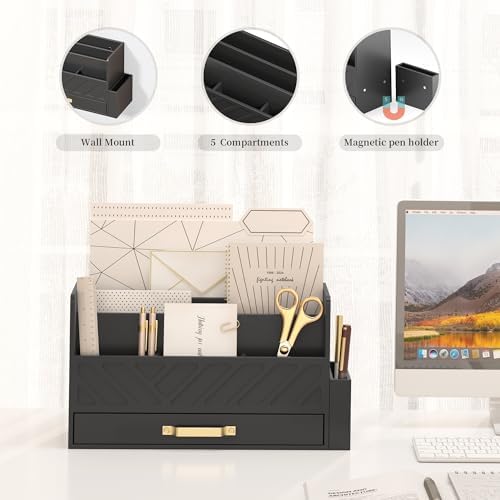 Bamboo Mail Organizer Countertop Pen Holder Wooden Desktop Storage Drawers - Image 5
