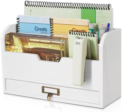 Flexzion Wood Desk Organizer, 3-Tier Mail Organizer with Drawer, Beige Wood by Flexzion