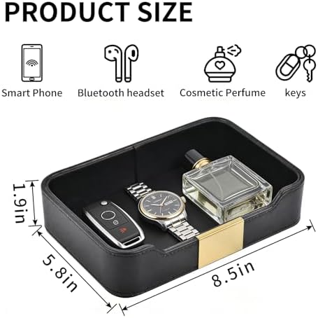 Luxury Leather Valet Tray Desktop Storage Organizer,Bedside Vanity Catchall Tray Nightstand Caddy Holder for Cosmetic,Jewelry,Watch,Keys,Phone,Wallet,Remote Controller,Pen,Black - Image 3