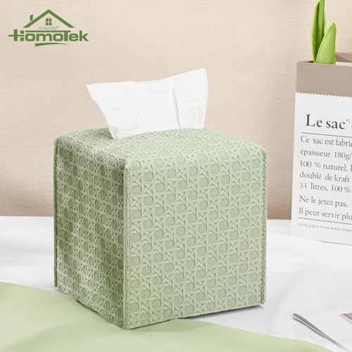 HOMOTEK 2 Pack Tissue Box Cover, Square PU Leather Tissue Holder, Decorative Facial Tissue Cube Paper Organizer Dispenser for Bathroom, Night Stands, Desk, Car 5X5X5'' - Rattan Weave,Mint Green - Image 3