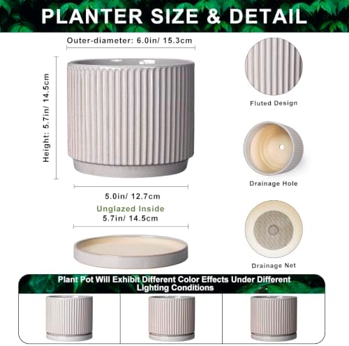 Ceramic Pots for Plants, 6 Inch Plant Pots with Saucer, Grey - Image 2