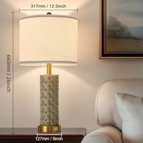 Set of 2 Table Lamp for Living Room Bedroom Farmhouse,26'' Touch Control Bedroom Smoke Grey Ceramic Lamps 3-Way Dimmable Bedside Lamps with USB A+C Ports Linen Shade for Home - Image 6