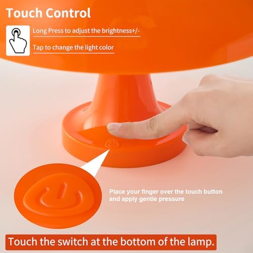 Cordless Mushroom Table Lamp, Rechargeable Orange Bedside Lamp with Touch Control and 3 Color Stepless Dimming, Portable Desk Lamp for Dinner/Restaurant/Bedroom (W11'' x H7.67'') - Image 2