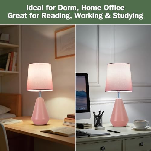 Small Bedside Table Lamp for Bedroom-Reading Desk Lamp Set of 2,with 3 Color Temperatures,15.5" Nightstand Ceramic Lamp with Fabric Shade for Kids Room,Living Room,Dorm,Home Office(Pink) - Image 4
