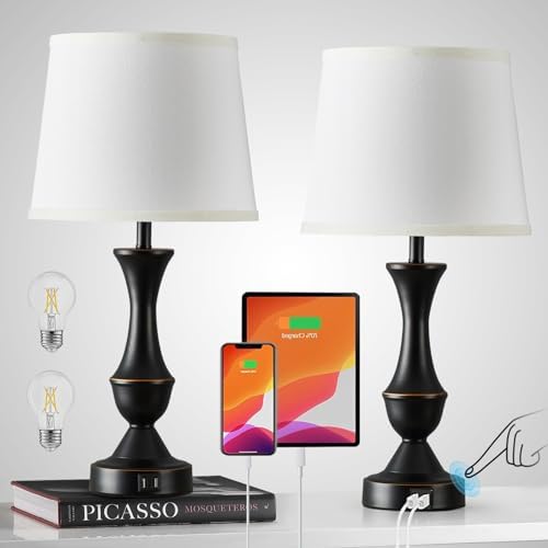 Touch Table Lamps Set of 2, 22" Tall Bedside Lamps with USB C+A Ports - Image 2