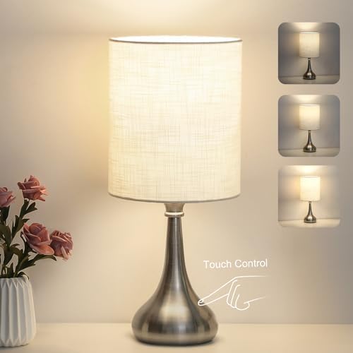 Touch Control Table Lamp, 3 Way Dimmable Simple Night Light Lamp with White Lampshade Silver Metal Base, Small Bedside Table Lamp for Bedroom, Office, Dorm, A19 9W 3000K Bulb Included by Boncoo