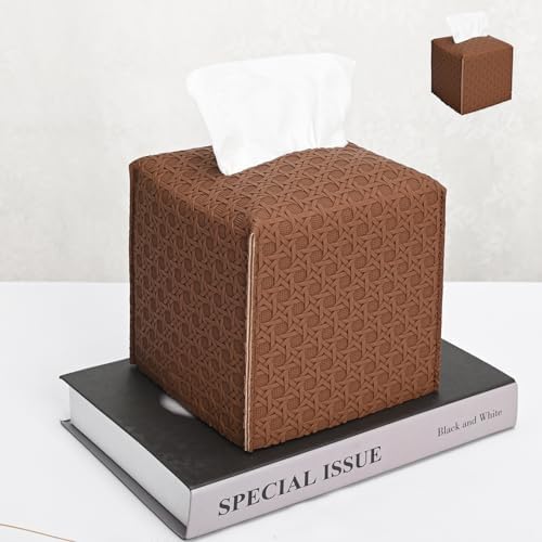HOMOTEK 2 Pack Tissue Box Cover, Square PU Leather Tissue Holder, Decorative Facial Tissue Cube Paper Organizer Dispenser for Bathroom, Night Stands, Desk, Car 5X5X5'' - Rattan Weave,Chocolate by HOMOTEK
