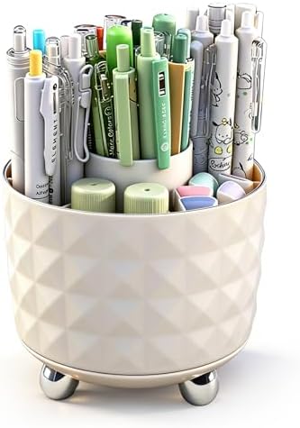GOTOBA 360° Rotating Pencil Holder for Desk, Makeup Brush Holder with 6 Slots, Desk Organizer for Writing Utensil, Office and School Supplies (Milky White) by GOTOBA