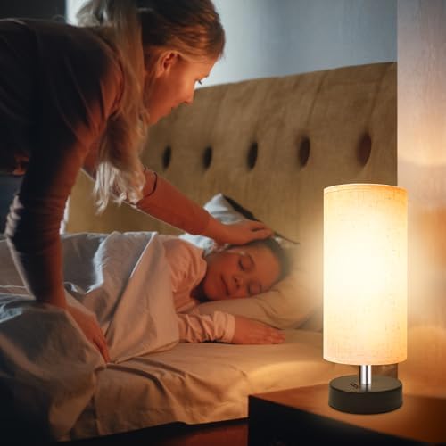 DEGNJU Bedside Table Lamp, Mini Minimalist, Round Flaxen Fabric Shade - Image 4
