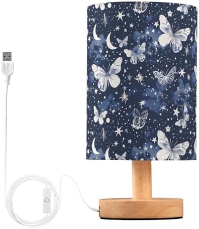 Vivid Butterflies and Moon Stars Cloud Bedside Table Lamps with USB Port for Bedroom Lamp Accent Table Lamp Small Nightstand Lamp Sturdy Linen Shade Wooden Base Decorative Lamps for Home|Kids|Dome by Fustylead