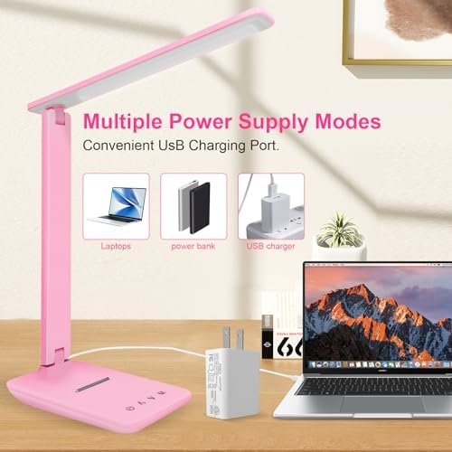 White crown LED Desk Lamp Dimmable Table Lamp Reading Lamp with USB Charging Port, 5 Lighting Modes, Sensitive Control, 30/60 Minutes Timer Pink (Pink, First-Generation) - Image 5