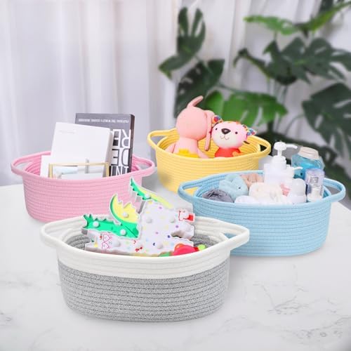 ABenkle Small Basket with Handles, Boho Decorative Rope Woven Dog Cat Toy Storage Bin Shelf Storage Organizer, Easter Christmas Gift Basket, 12"x8"x5" - Image 6