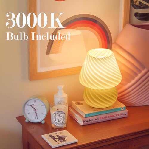 ONEWISH Mushroom Lamp-Small Bedside Table Lamp with Striped Glass, Nightstand Night Light for Bedroom Living Room, 3000K 6.5W Bulb Included, for Christmas Day, Creamy Yellow - Image 3