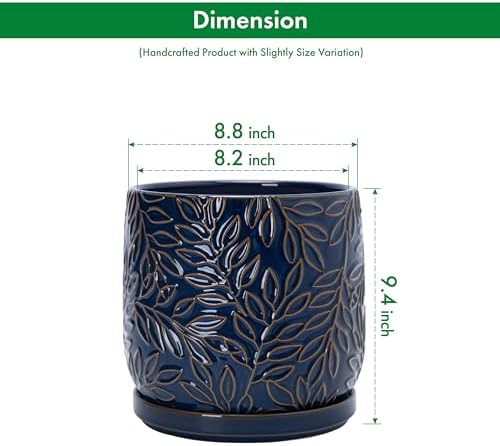 D'vine Dev Embossed Leaves Ceramic Planter, 8 in, Midnight Blue, 27-A-Q-3 - Image 3