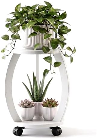 2 Tier Wooden Plant Stand Indoor with Wheels – Tall Plant Stand for 6-12 Inch Pots, Mid-Century Modern Rustic Plant Table Indoor, Pedestal Stand for Corner, Living Room, Balcony, White by Unknown