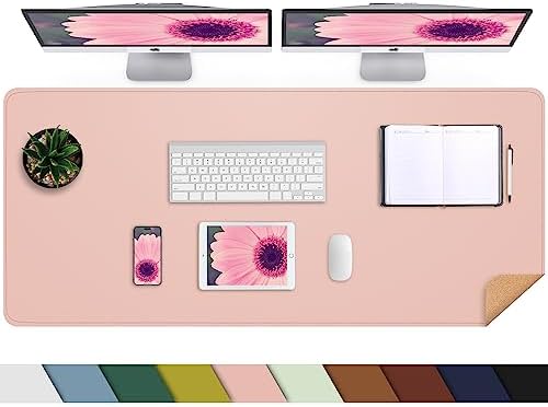 AFIING Large Desk Mat 47.2" x 17.5", Leather Desk Pad Protector with Natural Cork & PU Leather, Non-Slip Office Desk Mat, Double-Sided Mouse Pad, Waterproof Large Desk Pad for Office and Home (Pink) by AFIING