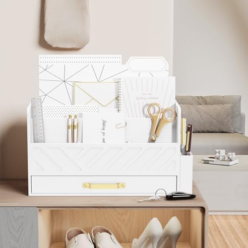 Bamboo Mail Organizer Countertop Pen Holder Wooden Desktop Storage Drawers - Image 2