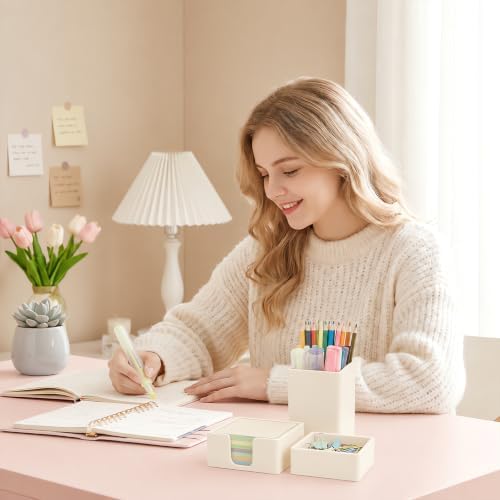 RAWILL Wood Desk Organizer Set with Sticky Note Holder, Pencil Pen Cup & Paper Clip Storage (Beige Silicone) - Image 6