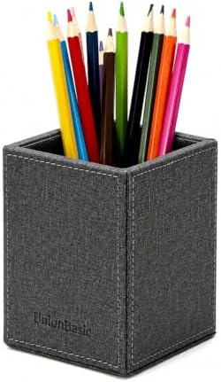 UnionBasic Square Pen Holder, Faux Leather Pencil Cup, Desktop Caddy Stationery Organizer, Barry Grey by UnionBasic