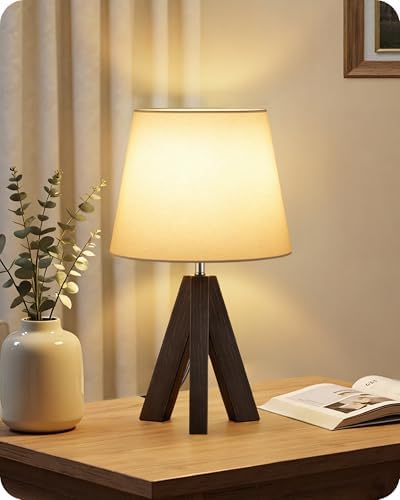 Small Table Lamp for Bedroom, 14.6" Bedside Lamp with White Linen Shade and Walnut Wood Tripod Base, Modern Nightstand Lamp for Living Room, Nursery, Entryway, E26 Socket, VW51TL05 by GOEBLESON