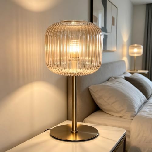 Green Glass Table Lamp Mid Century Modern Table Lamp for Bedroom Nightstand Gold Small Night Light Vintage Decorative Brass Desk Lamp for Living Room Study (L Amber Lamp) by RaGiBow