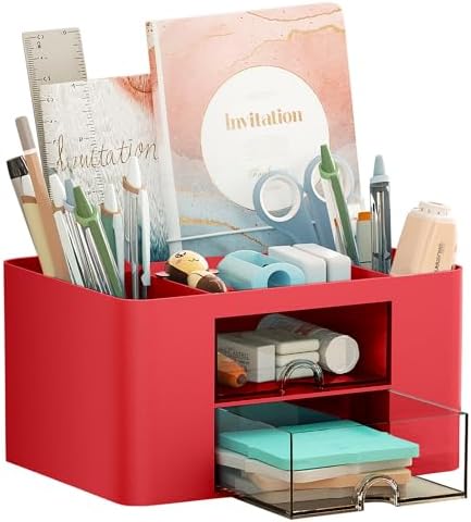 Marbrasse Pen Organizer with 2 Drawer, Multi-Functional Pencil Holder for Desk, Desk Organizers and Accessories with 5 Compartments + Drawer for Office Art Supplies (Red) by Marbrasse