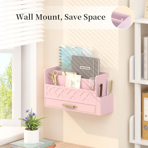 Wisuce Bamboo Mail Organizer Countertop with Drawer and Pen Holder, Pink - Image 4