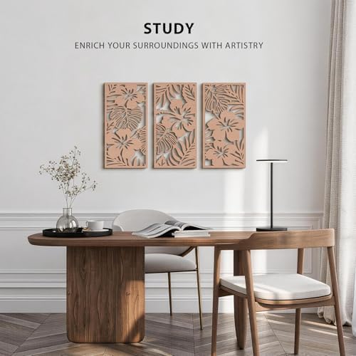 VIYYIEA Boho Solid Wood Carved Wall Art Set of 3, Geometric Minimalist Wooden Home Decor Panels, Handcrafted Solid Wood Wall Hanging for Living Room Bedroom Hallway, 16 x 8 Inch Each (Blooms) - Image 6