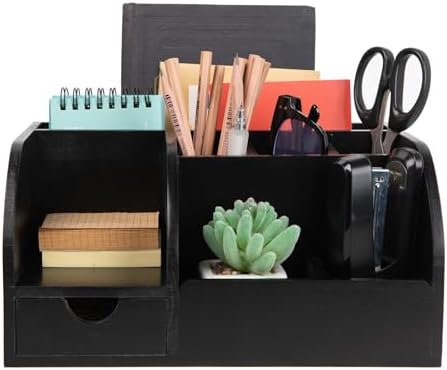 Office Desk Drawer Supply Organizer and Accessories, Wood Desk Organizer with 6 Compartments & 1 Drawer Binders Folder Papers Holder Pen Holder Office Desktop File Organizer (black) - Image 2