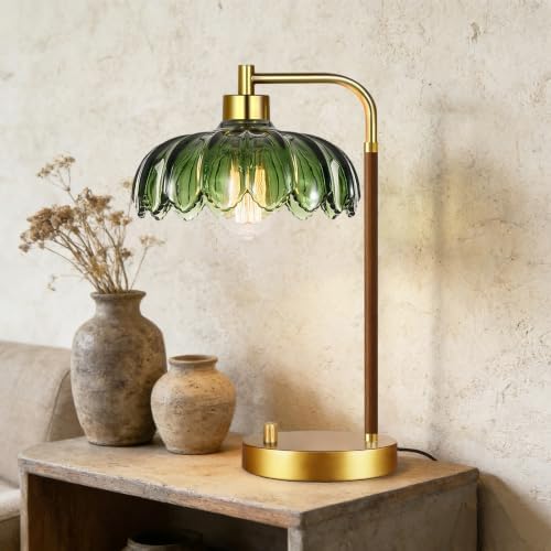ILLMTW Vintage Table Lamp for Bedroom Living Room,Small Bedside Lamps Dimmable Bedroom Lamp with Glass Green Flower LampShade,Mid Century Modern Mini Nightstand Lamp Gold Boho Side Table Lamp - Image 5