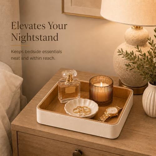 GORESE Square Perfume Tray for Dresser, PU Leather Jewelry Tray for Vanity, Cream White & Wooden - Image 4