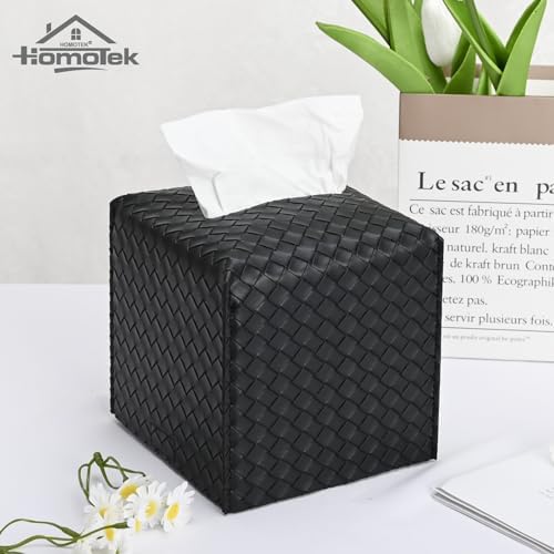 HOMOTEK 2 Pack Tissue Box Cover, Square PU Leather Tissue Holder, Decorative Facial Tissue Cube Paper Organizer Dispenser for Bathroom, Night Stands, Desk, Car 5X5X5'' - Woven Waffle,Dark Black - Image 3