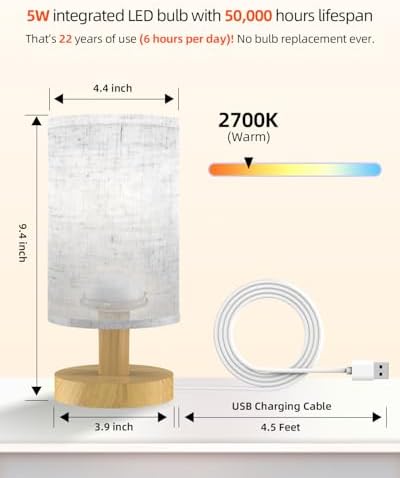 Small Touch Table Lamp for Bedroom, Bedside Lamp for Warm Light LED Desk Lamp, Wood Base Round Flaxen Fabric Shade for Kids Room, Living Room, College Dorm, Home, Office - Image 2