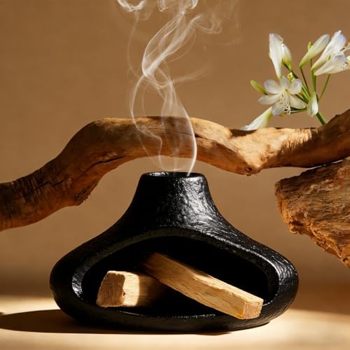 Ceramic Palo Santo Holder with Mini Chimney, Ash Catcher Incense Holder for Palo Santo Sticks, Sage Bundles, Incense Cones, Fireplace Style Smudge Bowl for Meditation, Yoga Home Decor(Black) - Image 4