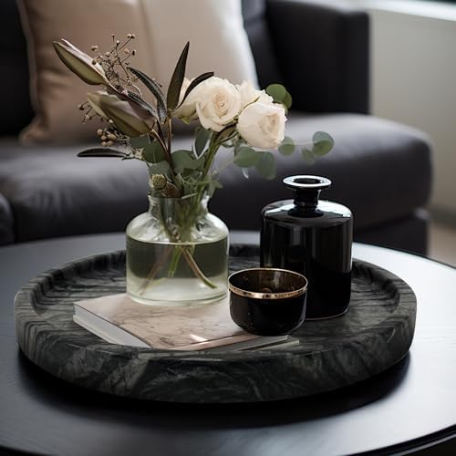 Travertine Tray, Small Ceramic Vanity Tray for Bathroom Counter Decor, Round Marble Decorative Trays for Coffee Table (Grey Black, Large Size) - Image 4