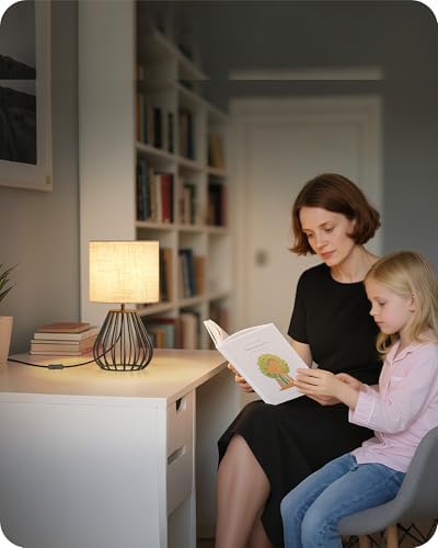 Small Bedside Table Lamp, Black Table Lamp with Metal Cage & Linen Lampshade, Modern Cute Desk Lamp, Cozy Nightstand Lamp for Bedroom, Living Room, Office, 2700K LED Bulb Included, E06TL05 - Image 3