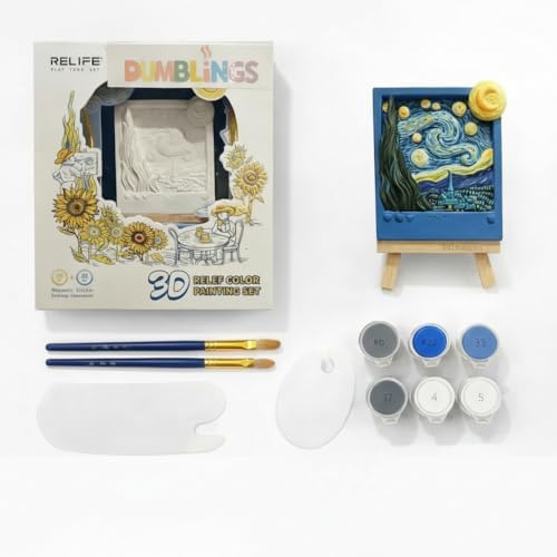 Dumblings 3D Painting Kit – DIY Coloring with Acrylic Paints & Brushes, Relaxing Mindful Craft for Home Decor or Fridge Magnet, Gift for Kids & Adults (3D Painting kit - Starry Night) by Unknown