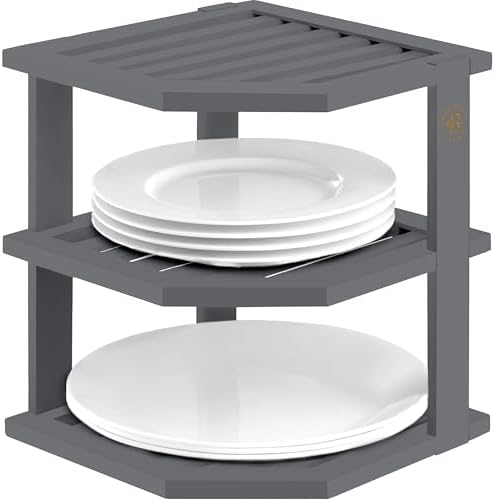 Bambüsi Grey 3-Tier Corner Shelf, Kitchen Cabinet Organizer, Bamboo Rack by Bamb%C3%BCsi