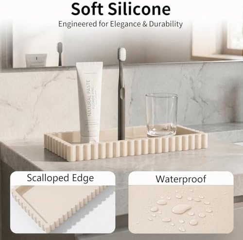 Bathroom Vanity Tray - 9.4''x3.9'' Silicone Bathroom Tray with Scalloped Edge, Counter Top Tray for Vanity Sink Countertop, Decorative Organizer for Cosmetics Jewelry, Rectangular, Beige - Image 3